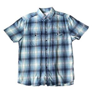EPTM MEN'S BLUE PLAID FLANNEL SHORT SLEEVE BUTTON DOWN CASUAL SHIRT SZ M
